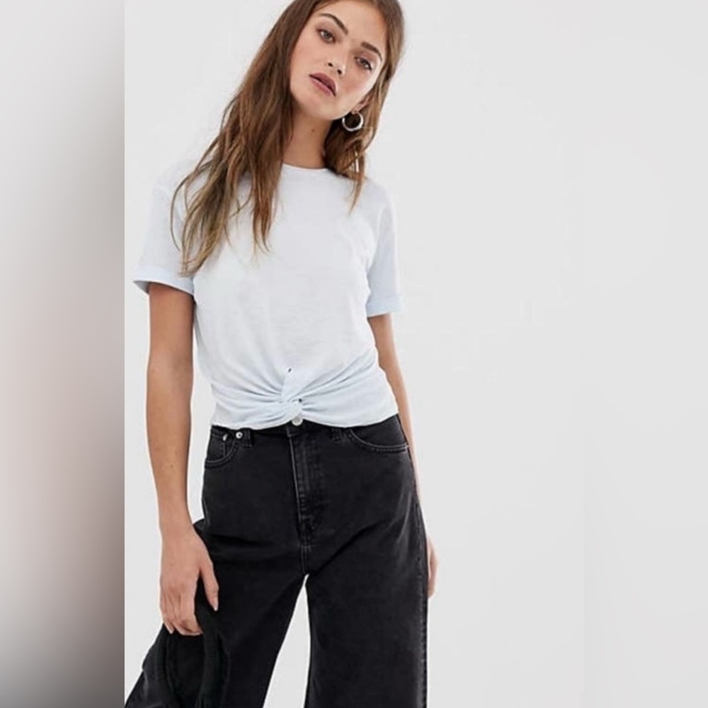 ALL SAINTS Carme Devo Tee T-Short Top Pale Blue Cropped Twist Knot Front Crop